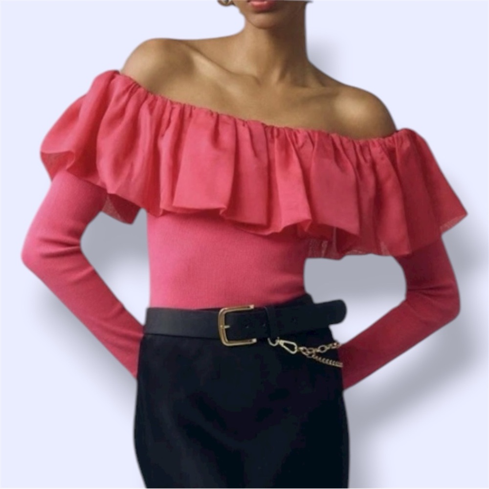 Anthropologie Off-The-Shoulder Hot Pink Organza Ruffle Top